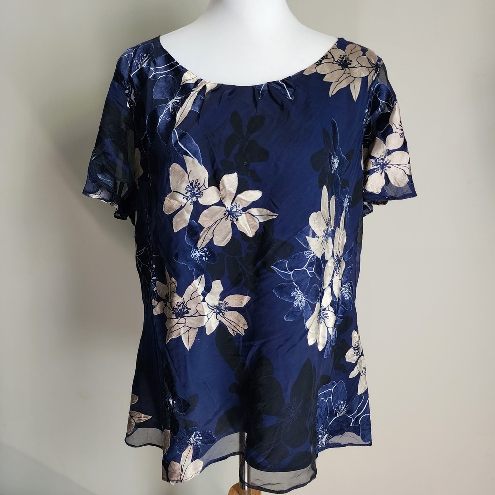 Jacques Vert Silk Blend Shirt Womens‎ Large Navy Blouse Lace Mesh Feminine Top